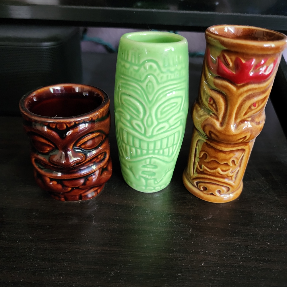 Set of Three Tiki Mugs in Brown, Green, and Tan
